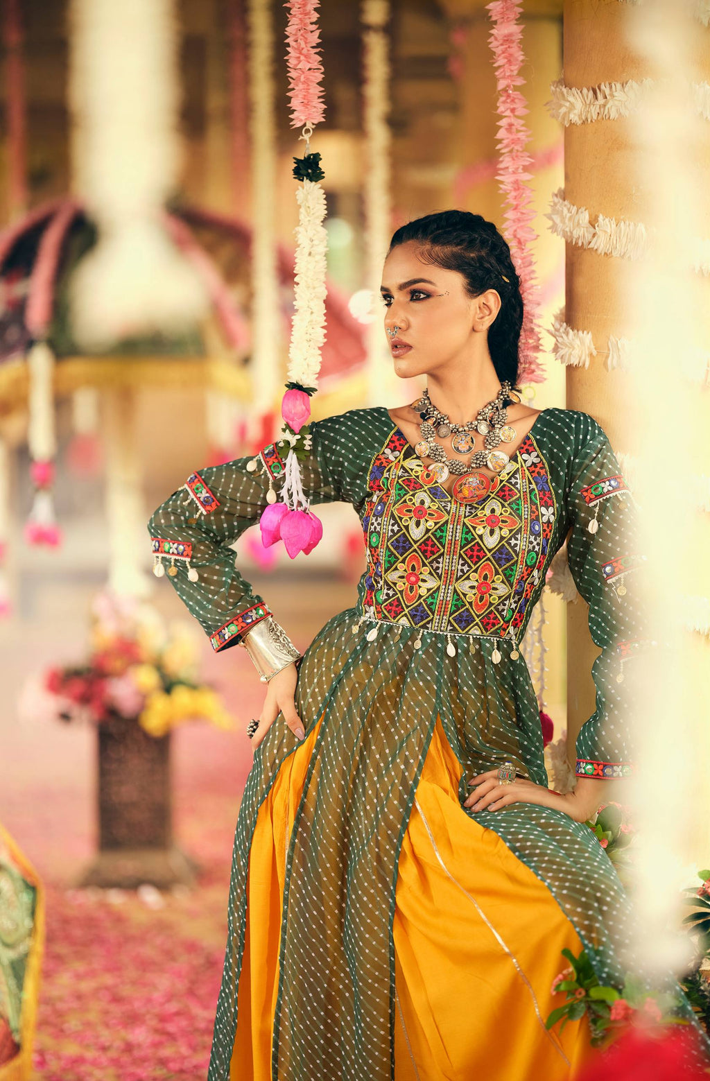 Green pure rayon canvas patta embroidered mirror work lehenga choli