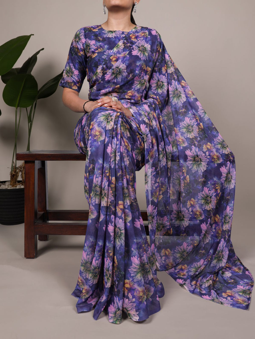 Purple weightless marble floral print saree with unstitched blouse