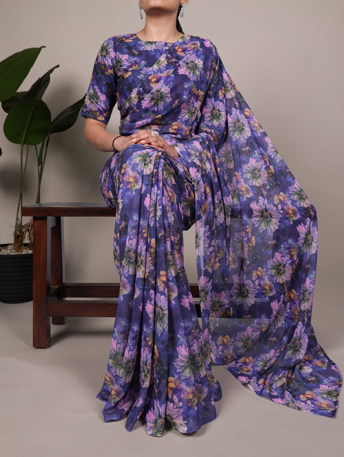 Purple weightless marble floral print saree with unstitched blouse