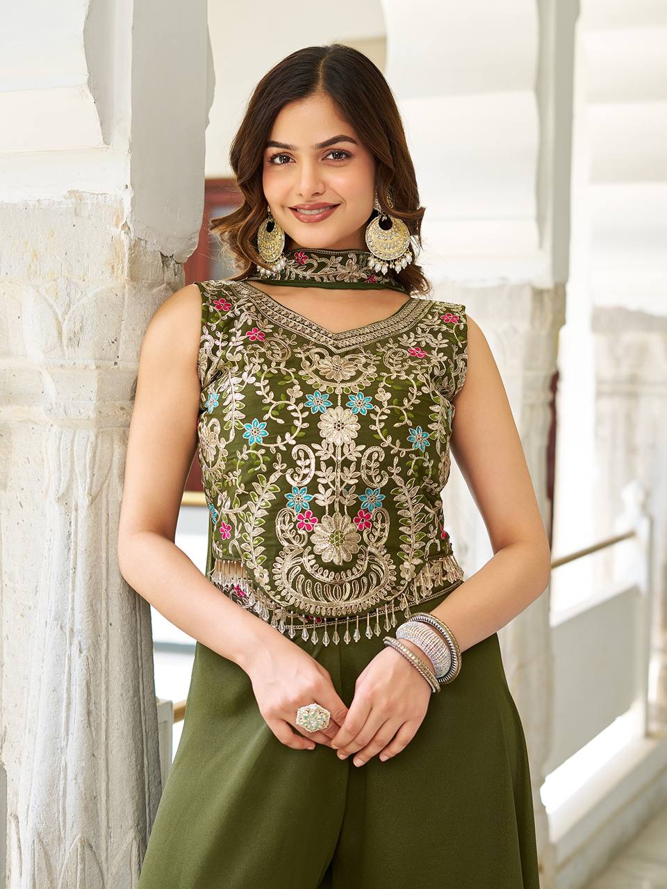 Stuti olive green star georgette top palazzo set with sequins thread embroidery