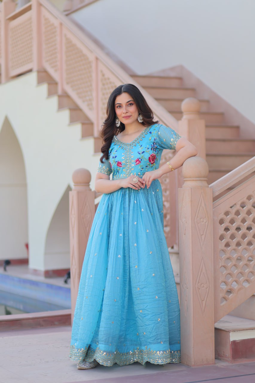 Sky blue gold crush zari sequins work embroidered gown
