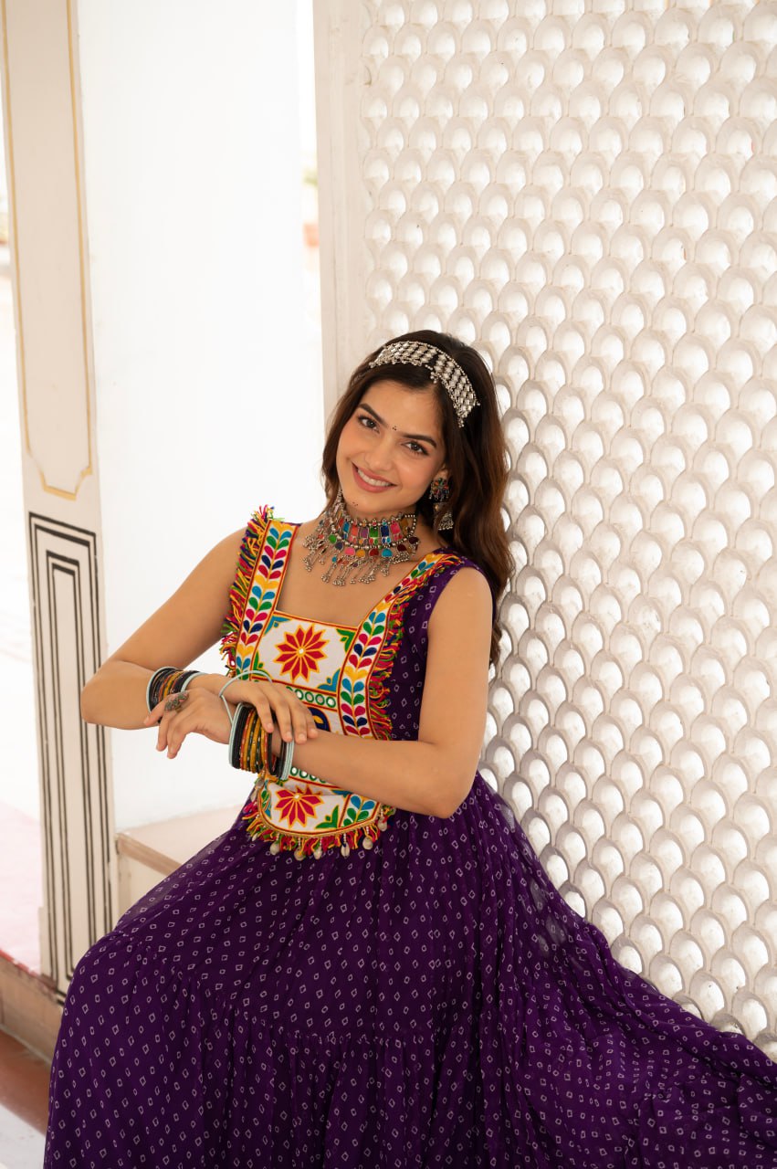 Purple faux georgette Bandhani print Kutchi patch mirror work gown
