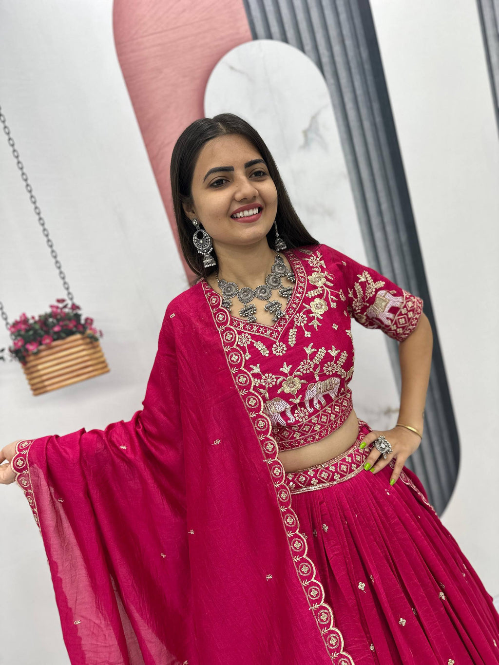 Gopi pink Vichitra silk lehenga choli with embroidery sequins thread work