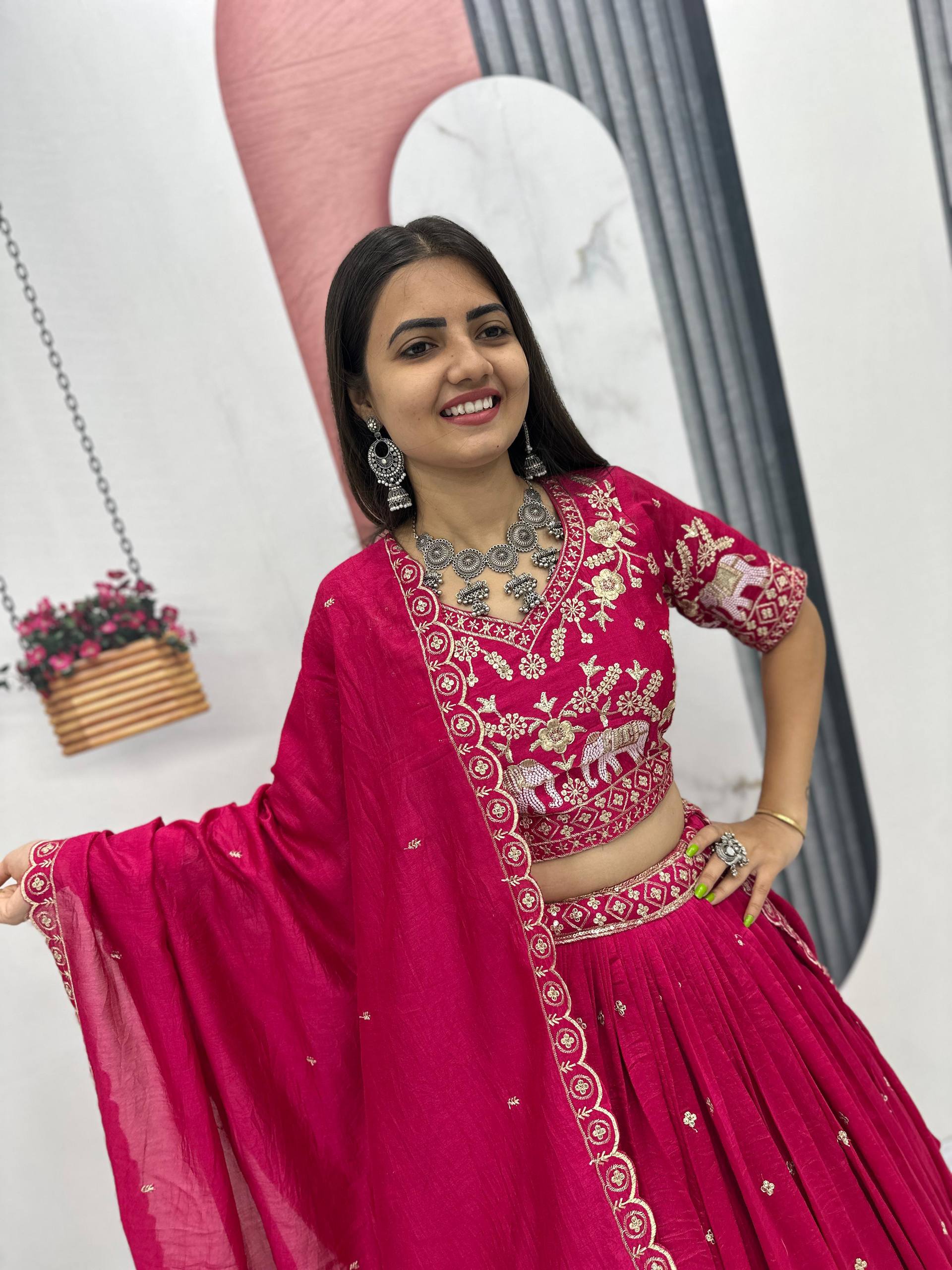 Gopi pink Vichitra silk lehenga choli with embroidery sequins thread work