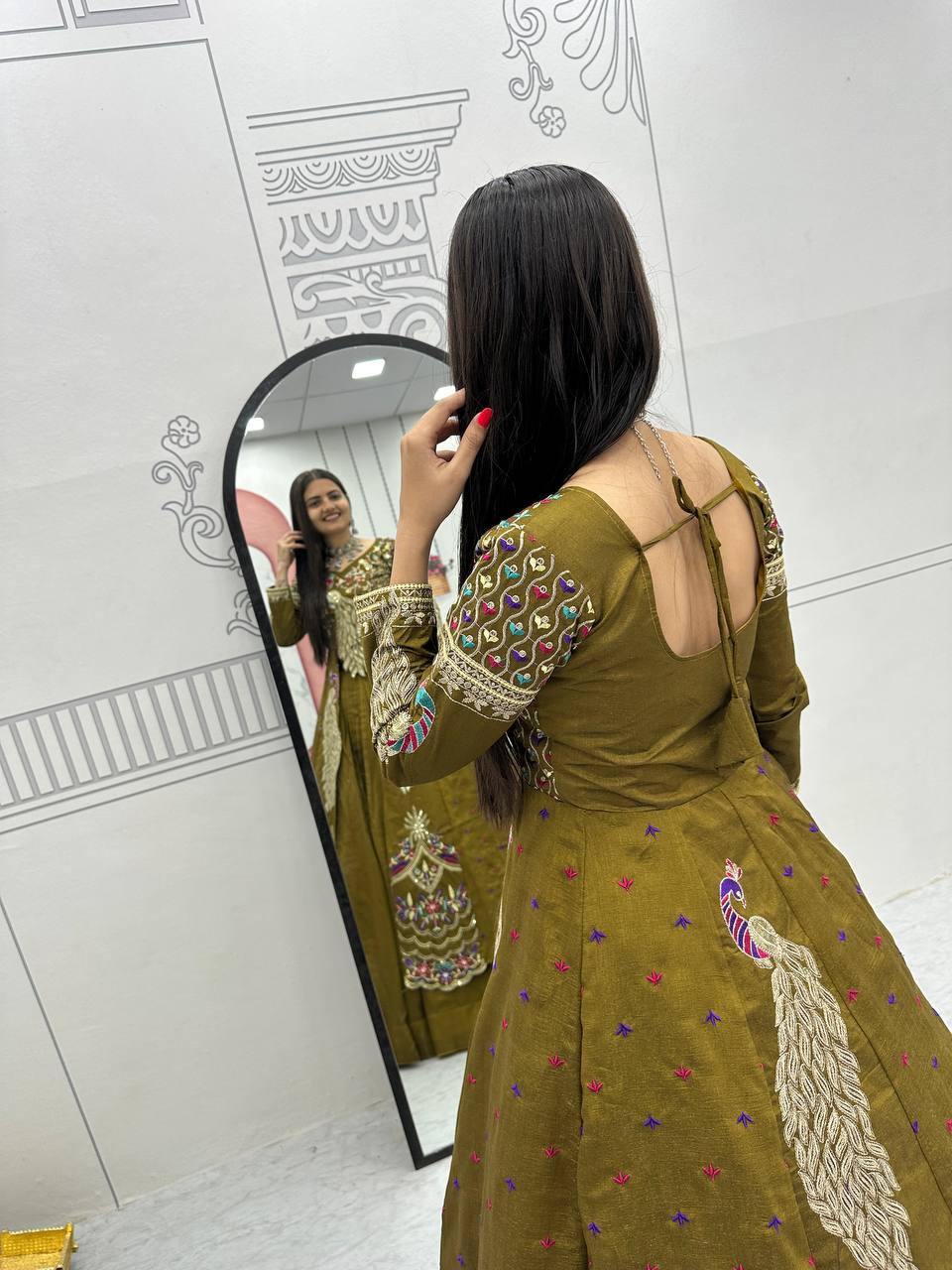 Mani olive green Vichitra silk crop top peacock design lehenga with embroidered shrug