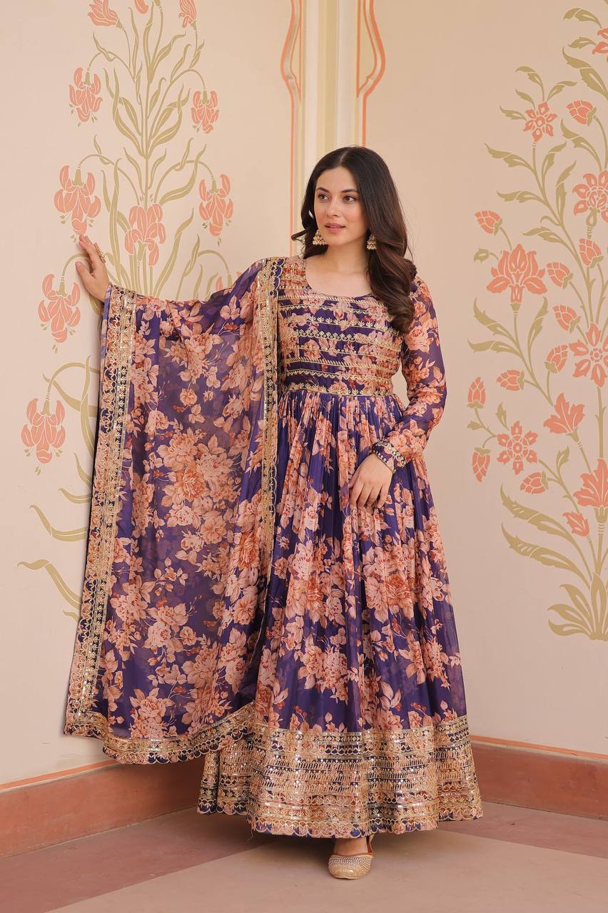 Purple Russian silk printed gown with embroidered sequins work and dupatta
