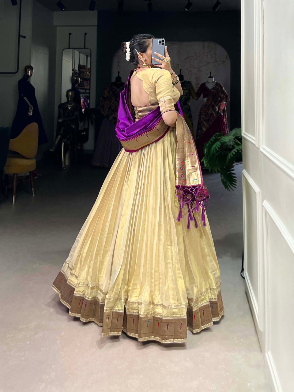 Cream silk lehenga choli with Paithani lace border and jacquard zari dupatta