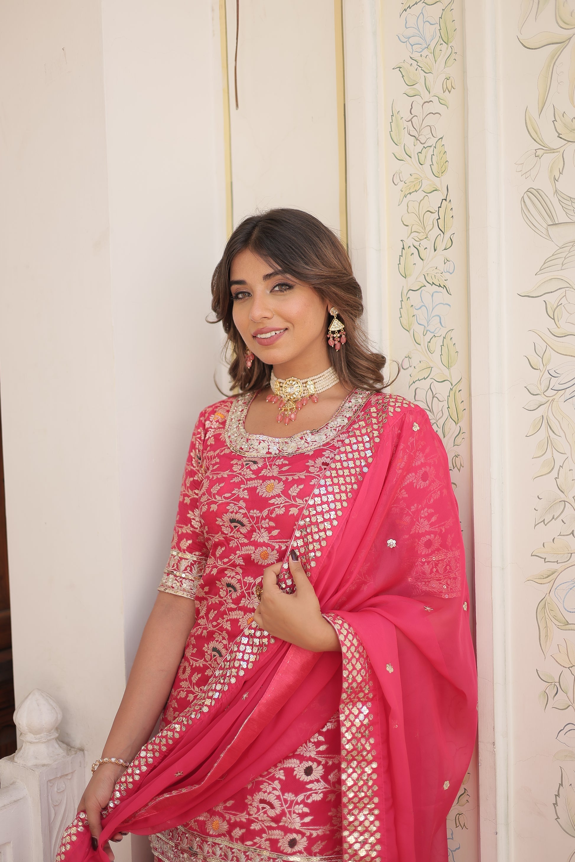 Krishnapriya rani pink viscose embroidered kurti gharara set
