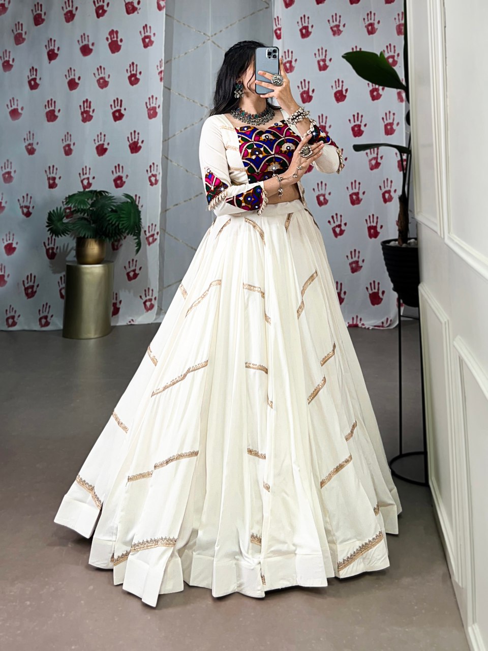 Off white pure rayon lehenga choli with mirror gamthi and sequins work