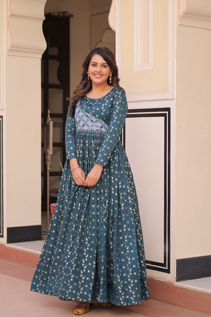 Rama color printed Vani choli flared designer gown