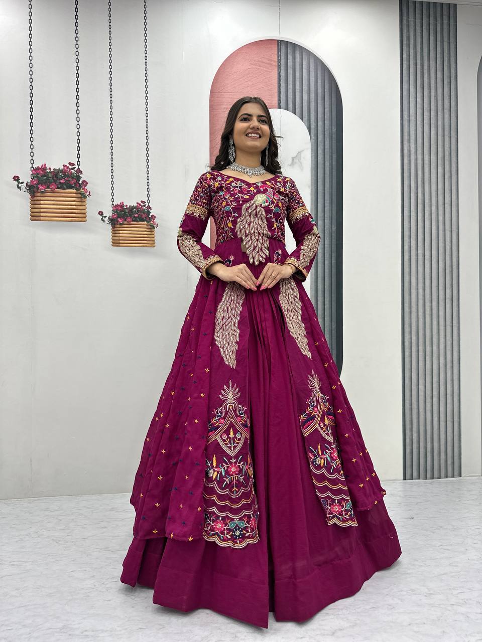 Mani magneta Vichitra silk crop top peacock design lehenga with embroidered shrug