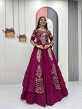 Mani magneta Vichitra silk crop top peacock design lehenga with embroidered shrug