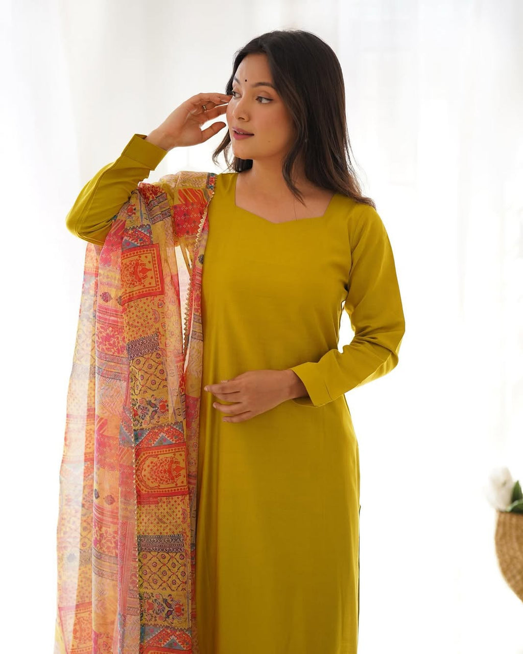 Vedanya yellow viscose straight kurti set