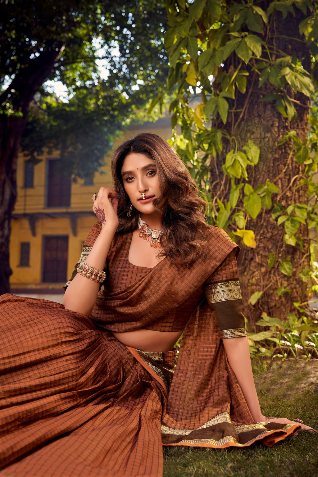 Rimi rust orange Chettinad cotton chex half saree lehenga with zari weaving work