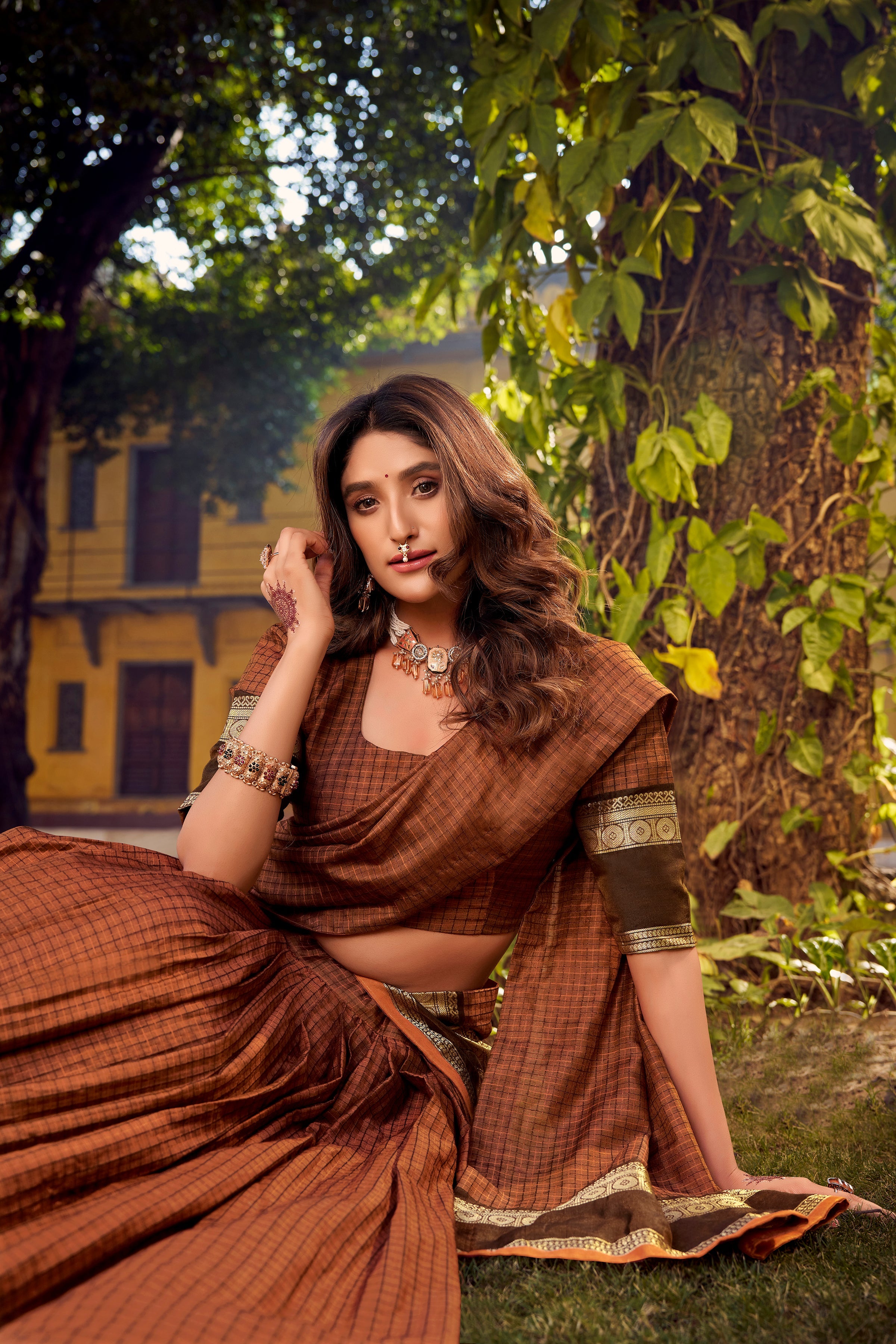 Rimi rust orange Chettinad cotton chex half saree lehenga with zari weaving work