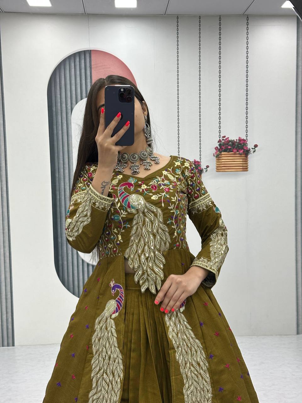 Mani olive green Vichitra silk crop top peacock design lehenga with embroidered shrug
