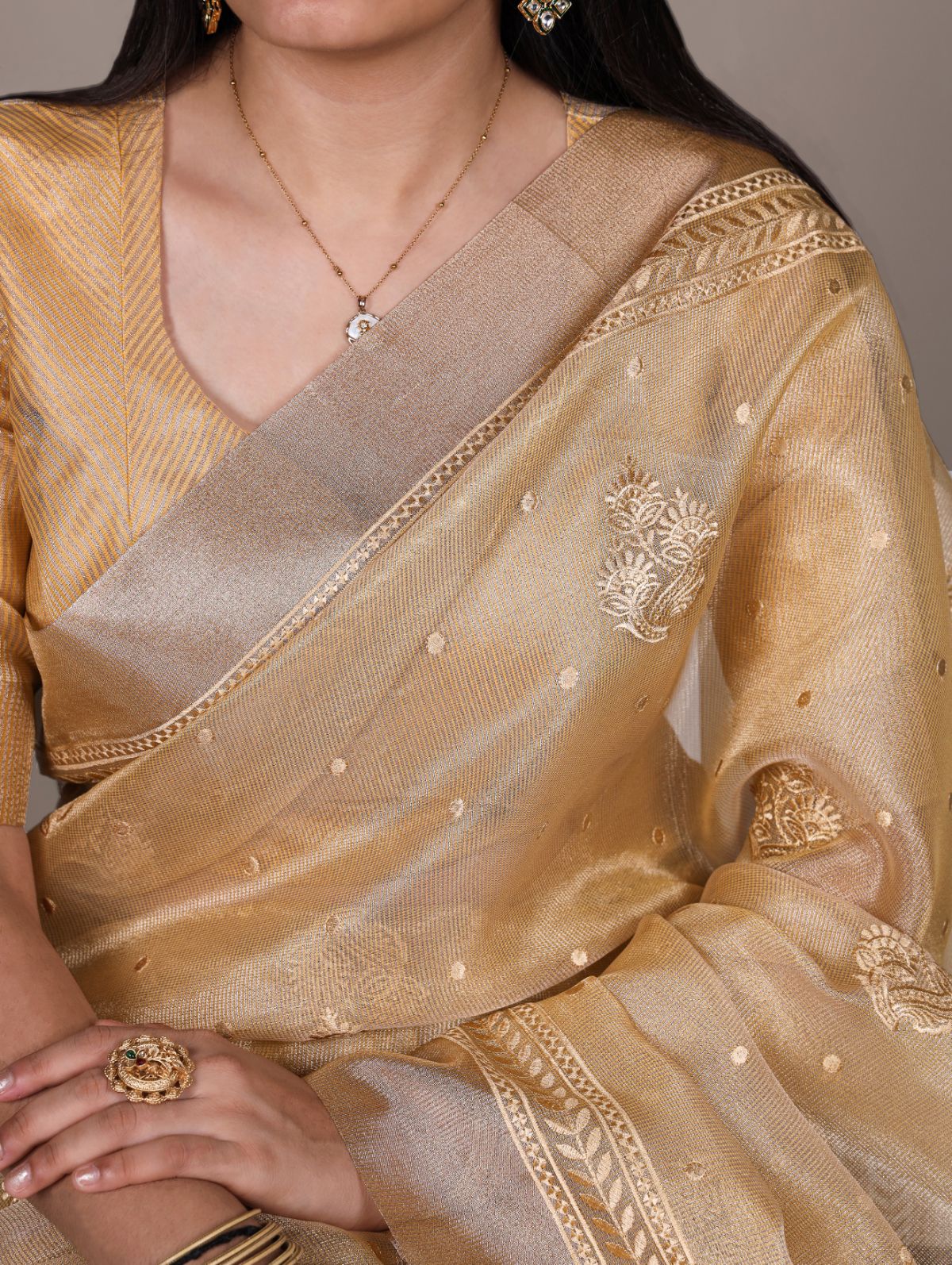 Yellow poly shimmer thread embroidered saree with unstitched blouse