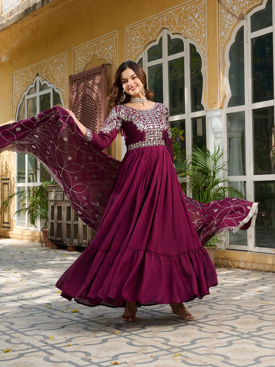 Piya wine Vichitra silk gown with sequins embroidery and dupatta