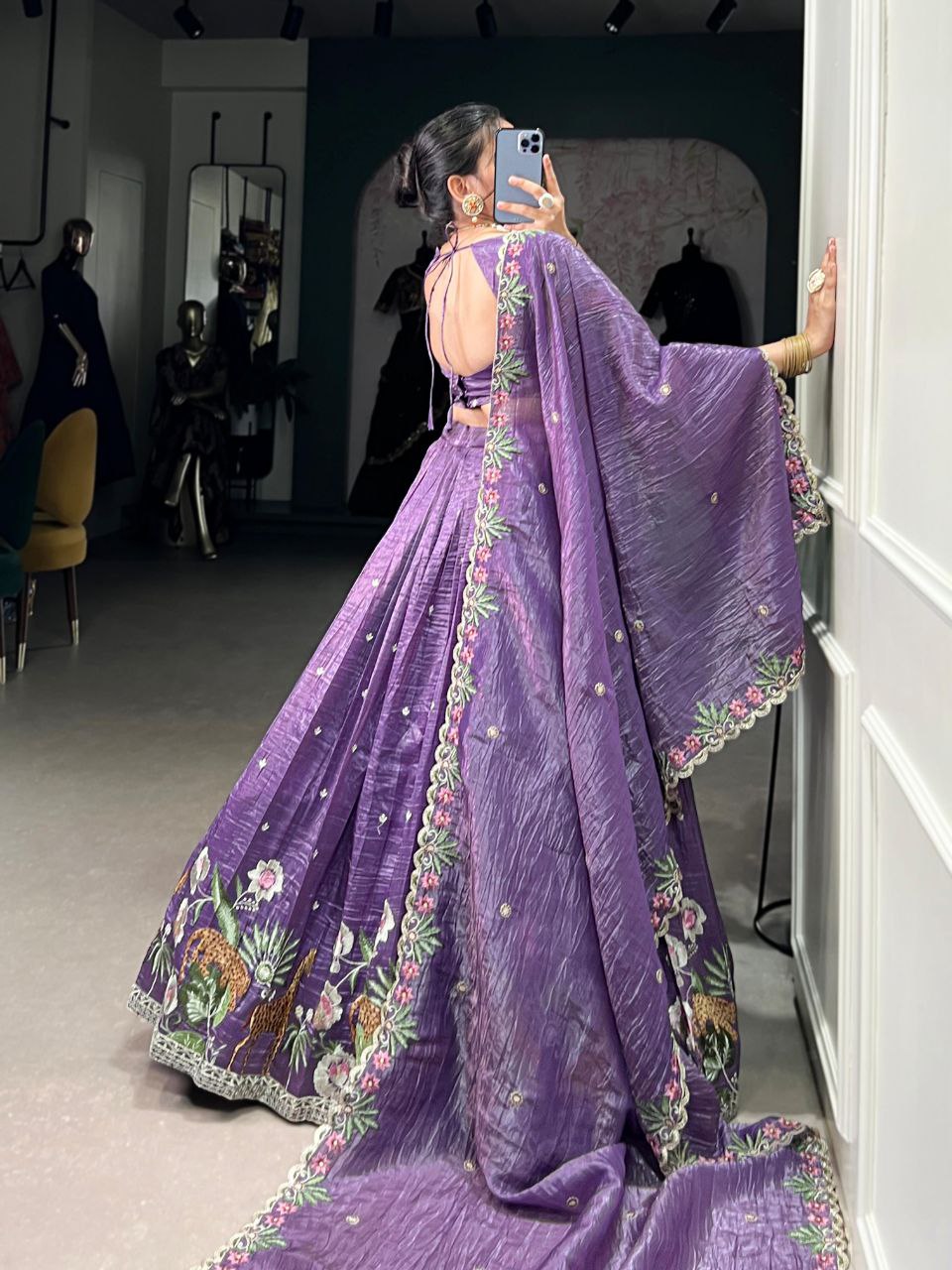 Purple sequins thread embroidered gold crush lehenga choli for wedding functions