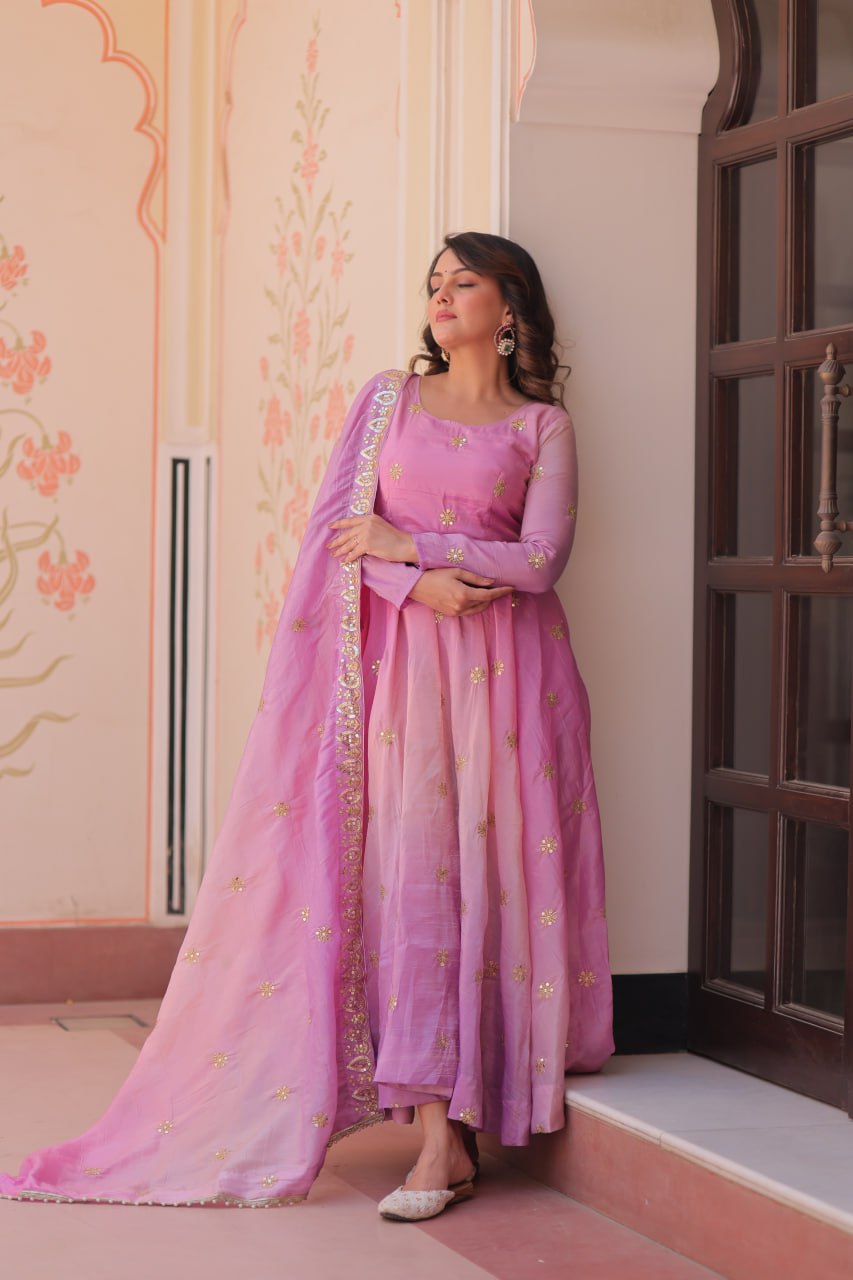 Pink organza flair gown with sequins zari embroidery and dupatta