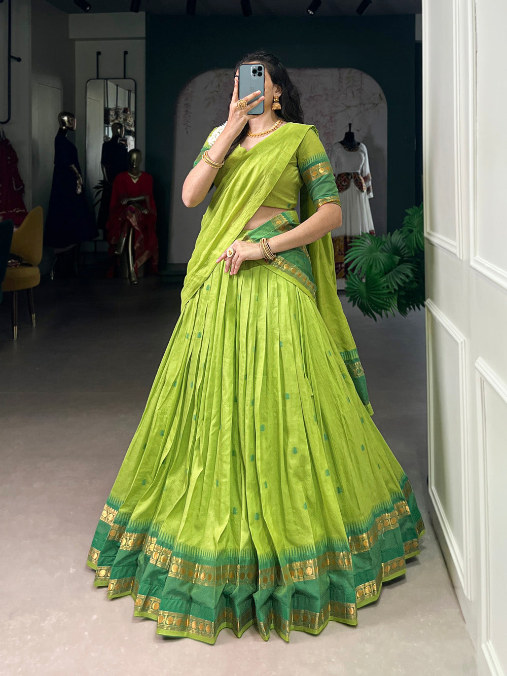 Green traditional Chanderi half-saree lehenga with zari work