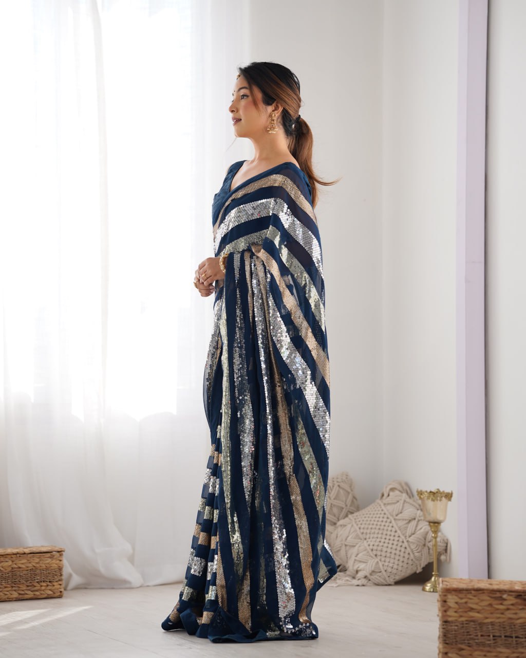 Navy blue georgette sequin embroidered Kira designer saree