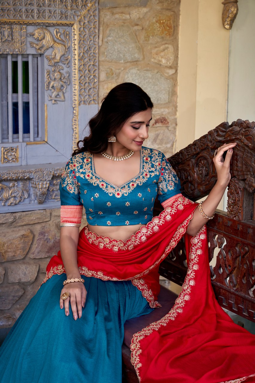 Teal blue Vichitra silk zari weaving work lehenga choli with dupatta