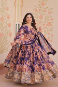 Purple Russian silk printed gown with embroidered sequins work and dupatta