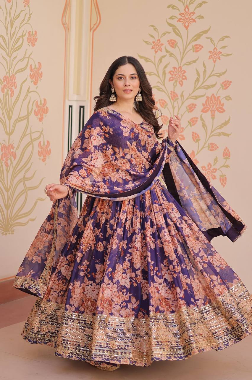 Purple Russian silk printed gown with embroidered sequins work and dupatta