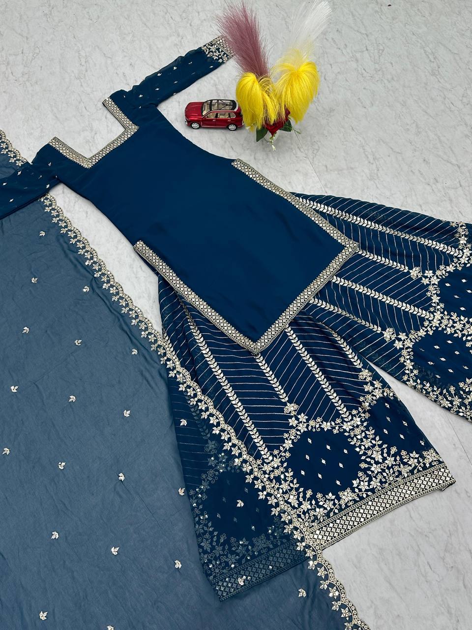 Aroa blue fox georgette kurti palazzo set with embroidery sequence work