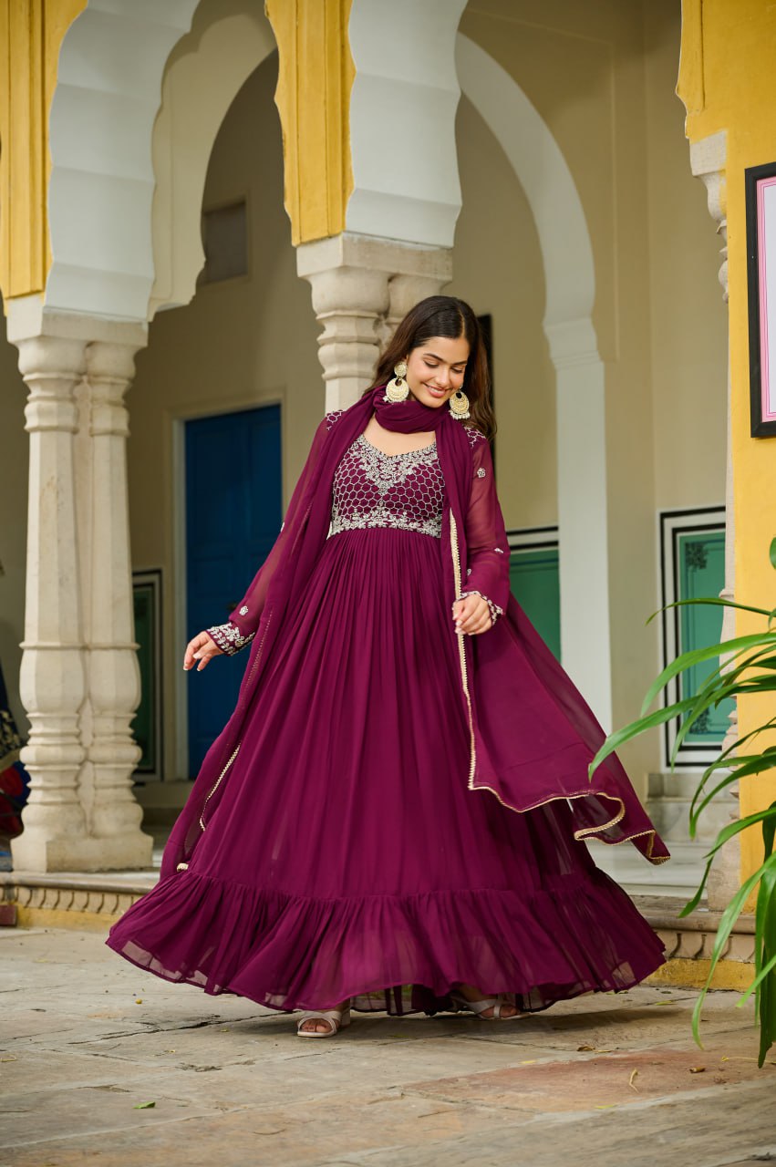 Wine faux blooming beads embroidered gown with dupatta