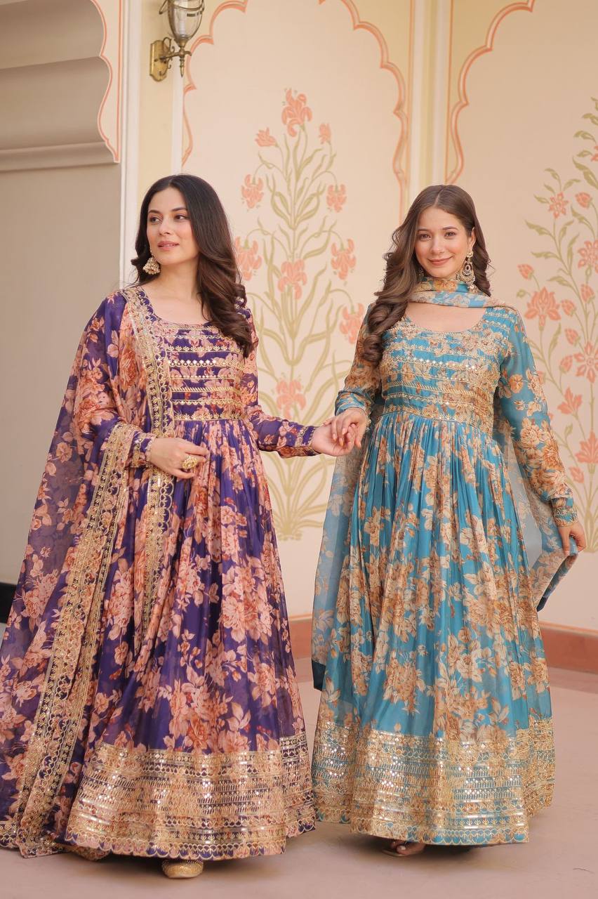 Purple Russian silk printed gown with embroidered sequins work and dupatta