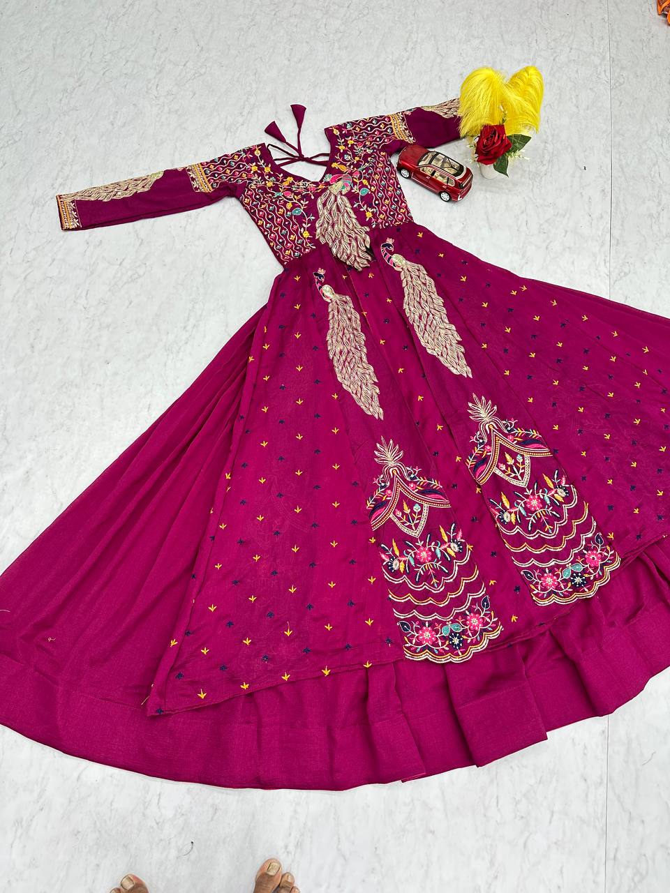 Mani magneta Vichitra silk crop top peacock design lehenga with embroidered shrug