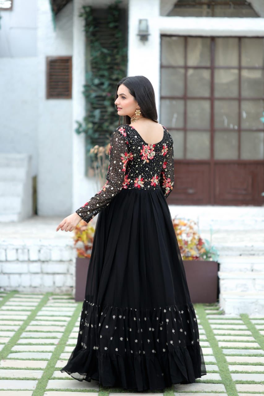 Radiant charisma embroidered sequin adorned double frill gown