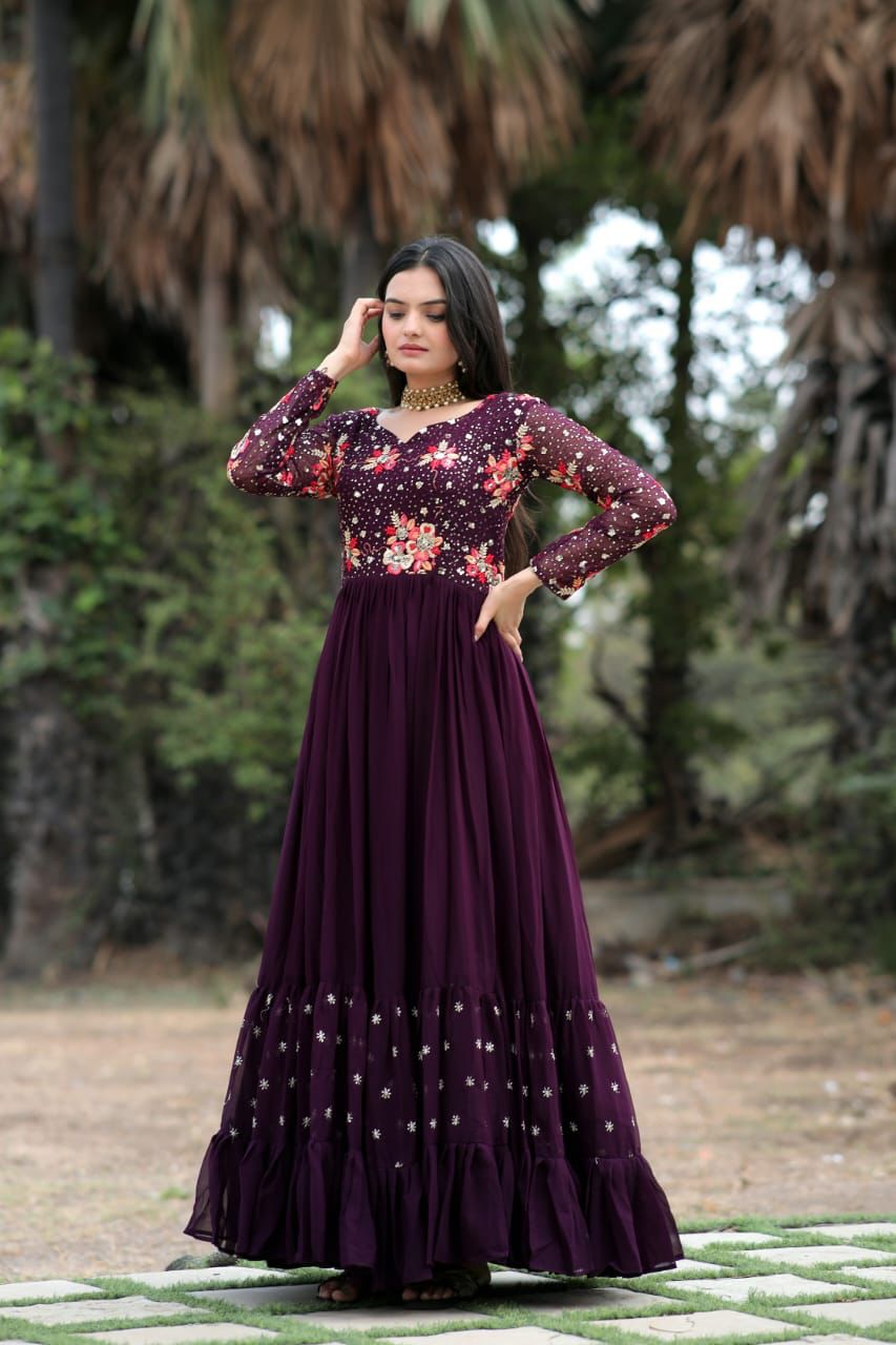Radiant charisma embroidered sequin adorned double frill gown