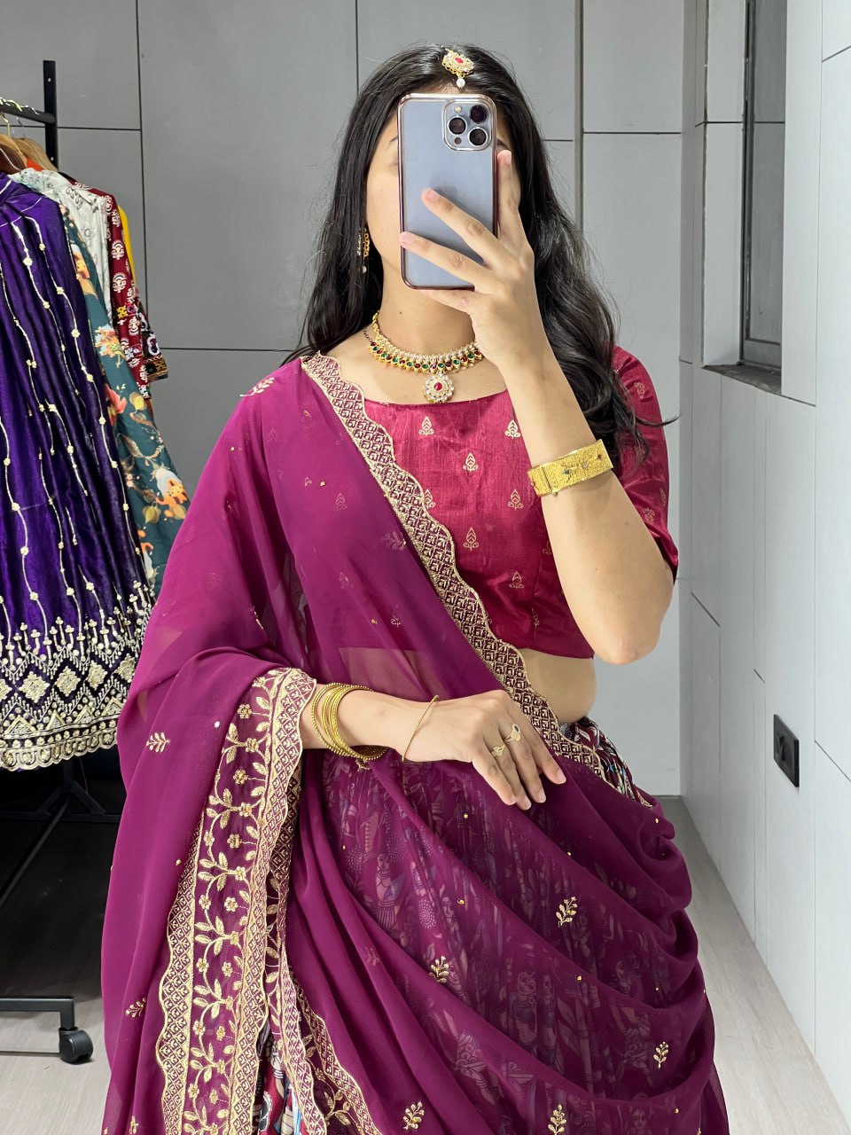 Maroon Kalamkari soft dola silk half saree lehenga with embroidered dupatta