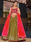 Navya olive green embroidered lehenga choli with Bandhani dupatta