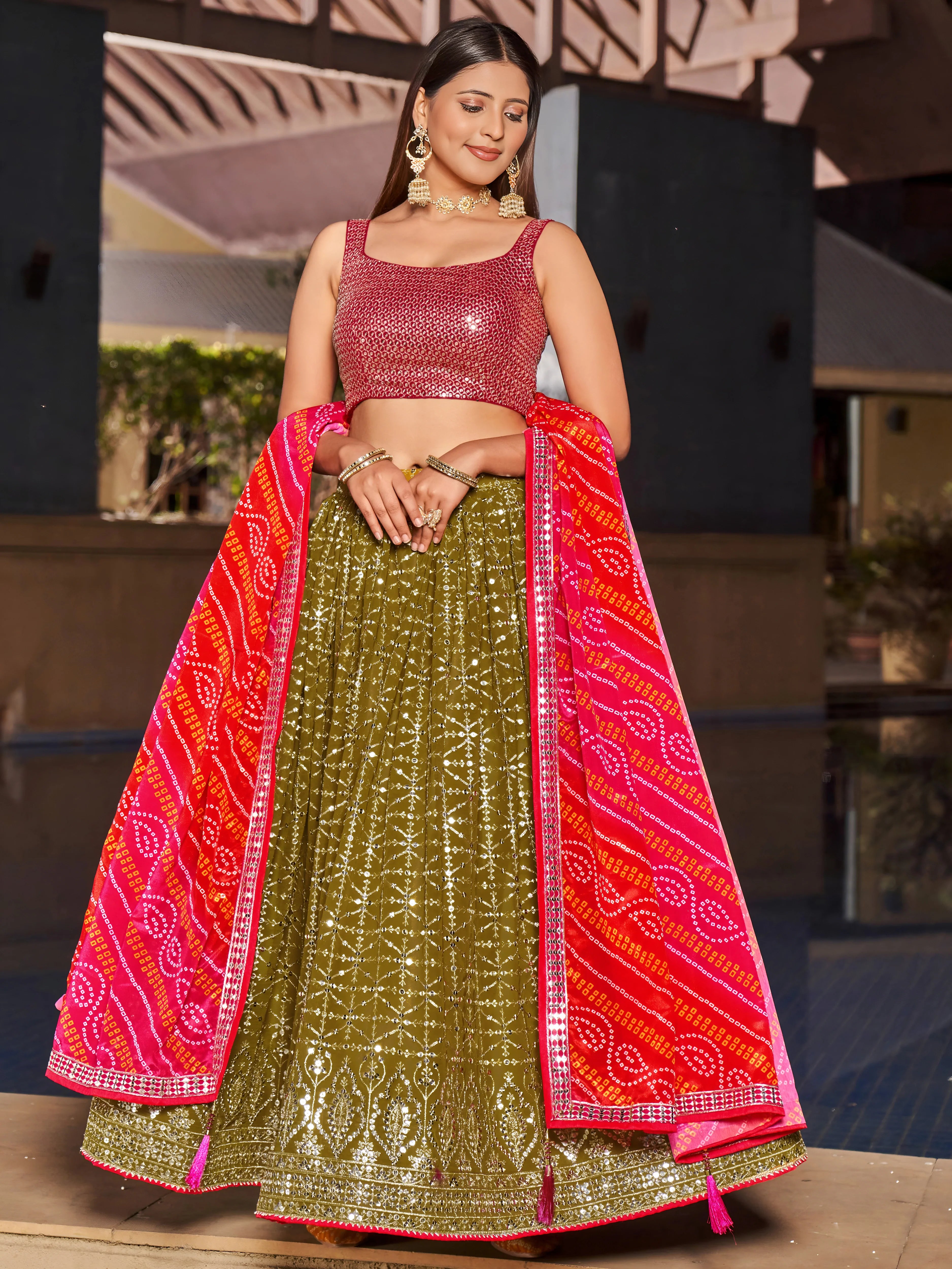 Navya olive green embroidered lehenga choli with Bandhani dupatta