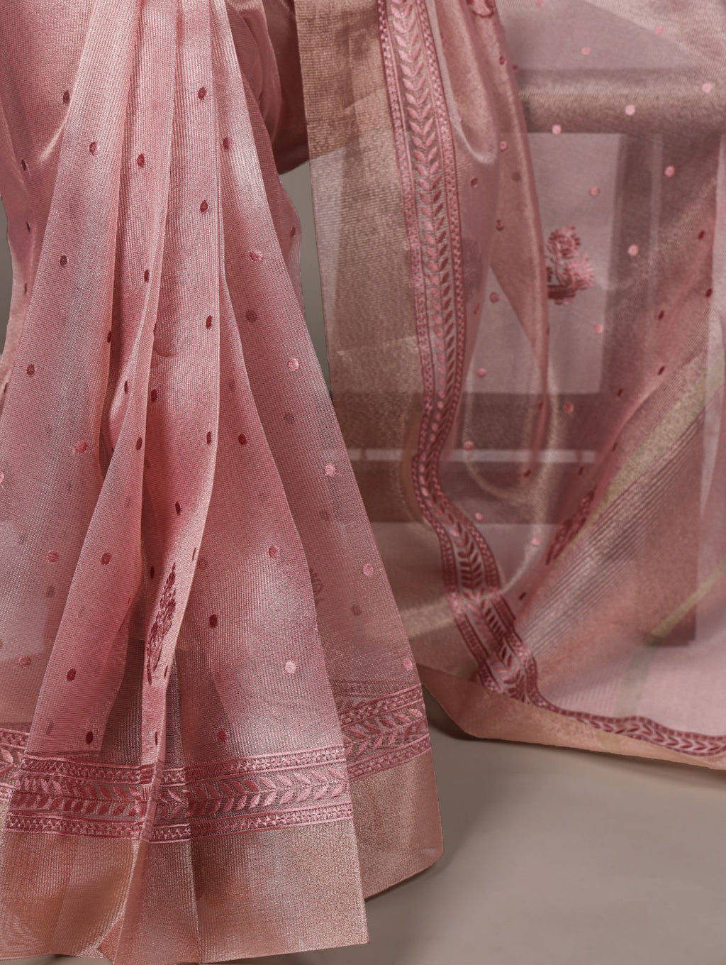 Light pink poly shimmer thread embroidered saree with unstitched blouse