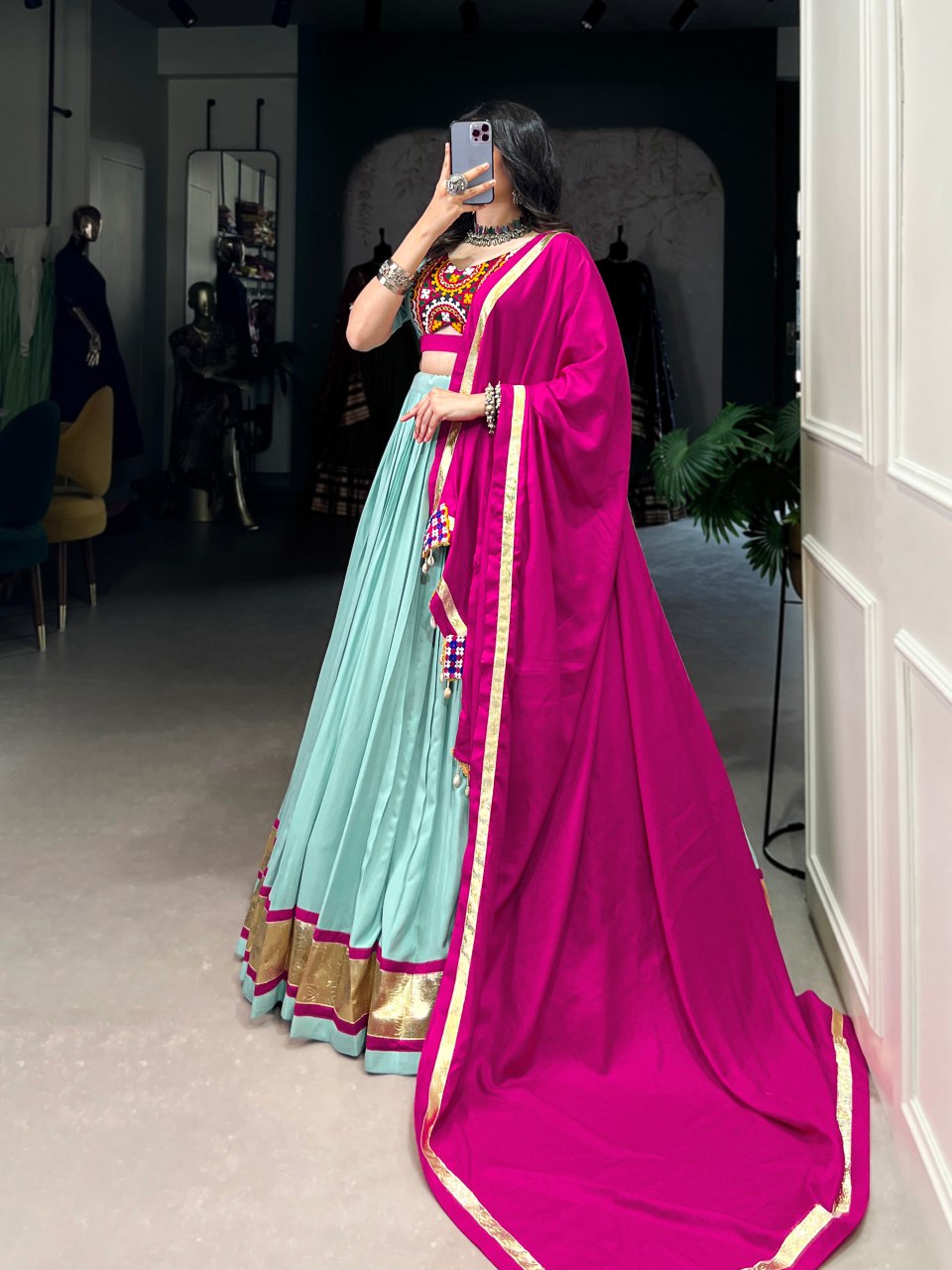 Mint green pure rayon lehenga choli with mirror Gamthi work and Kodi lace dupatta