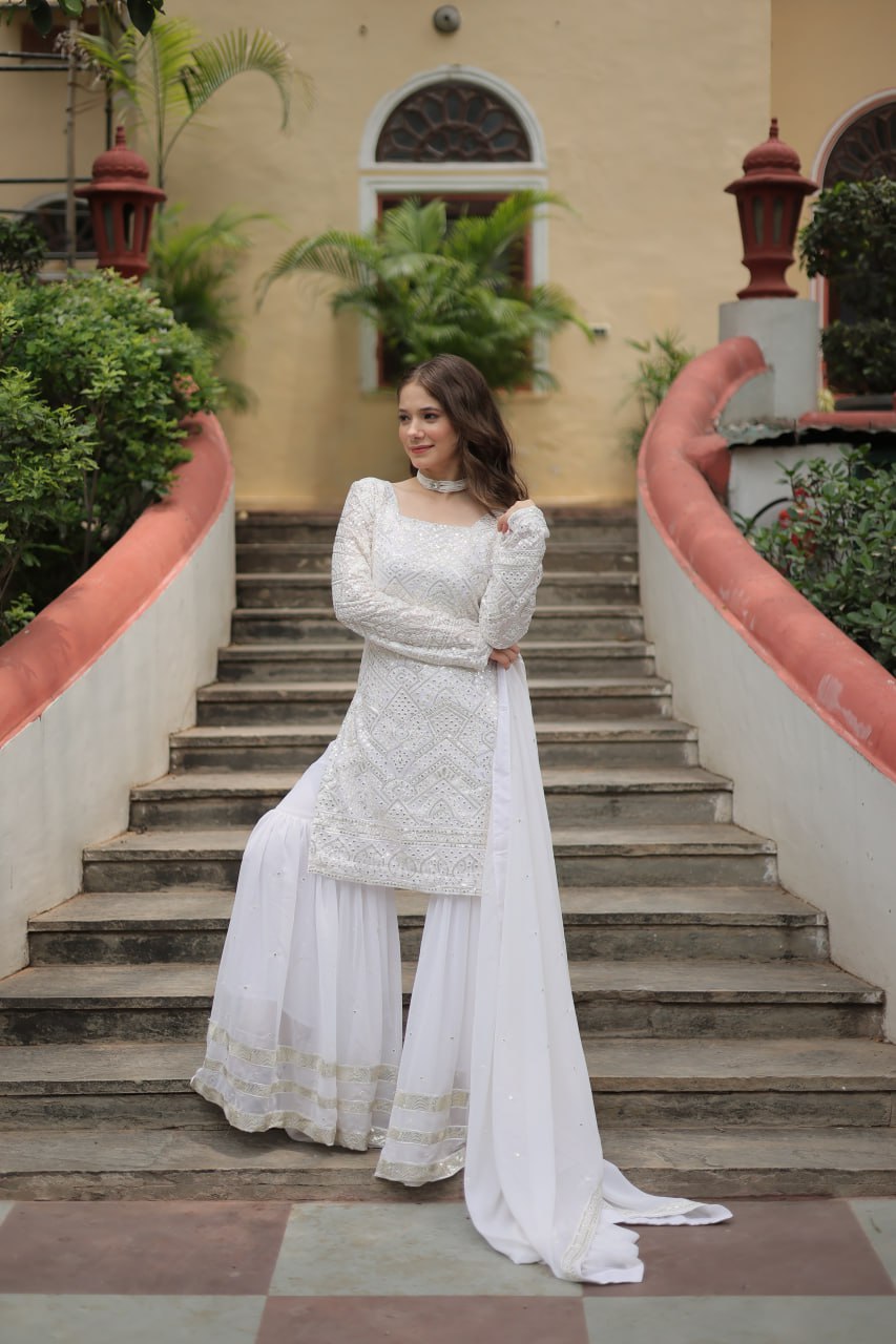 White georgette embroidered Lavya designer sharara suit