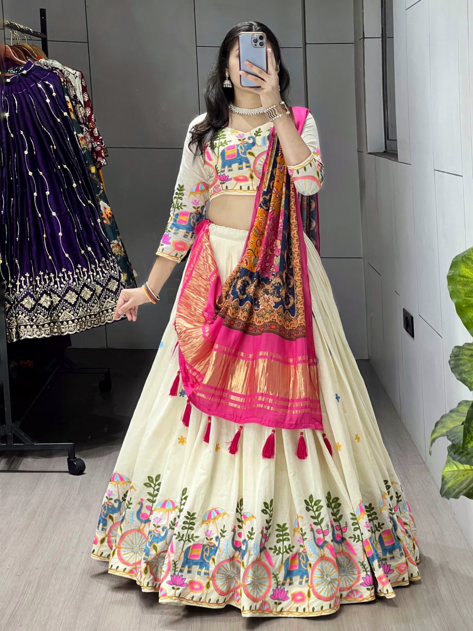 Off-white cotton embroidered lehenga with pink Gaji silk dupatta