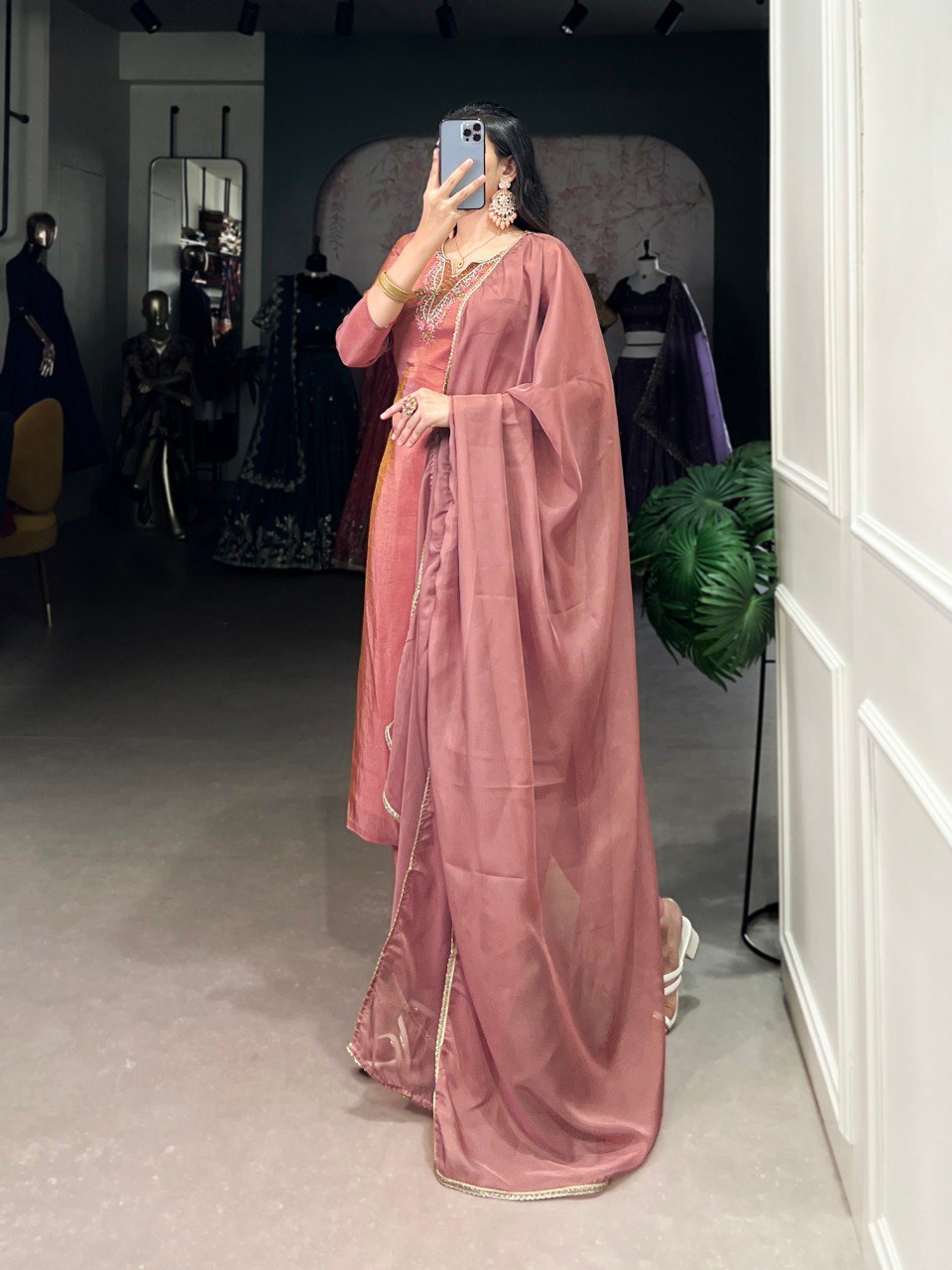 Peach embroidered viscose tissue salwar suit with organza dupatta
