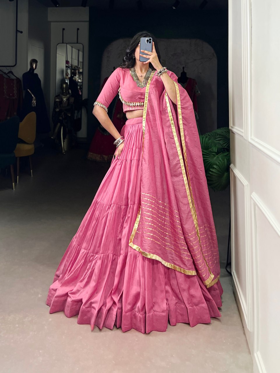 Pink Chanderi lehenga choli with cowrie detailing and dupatta