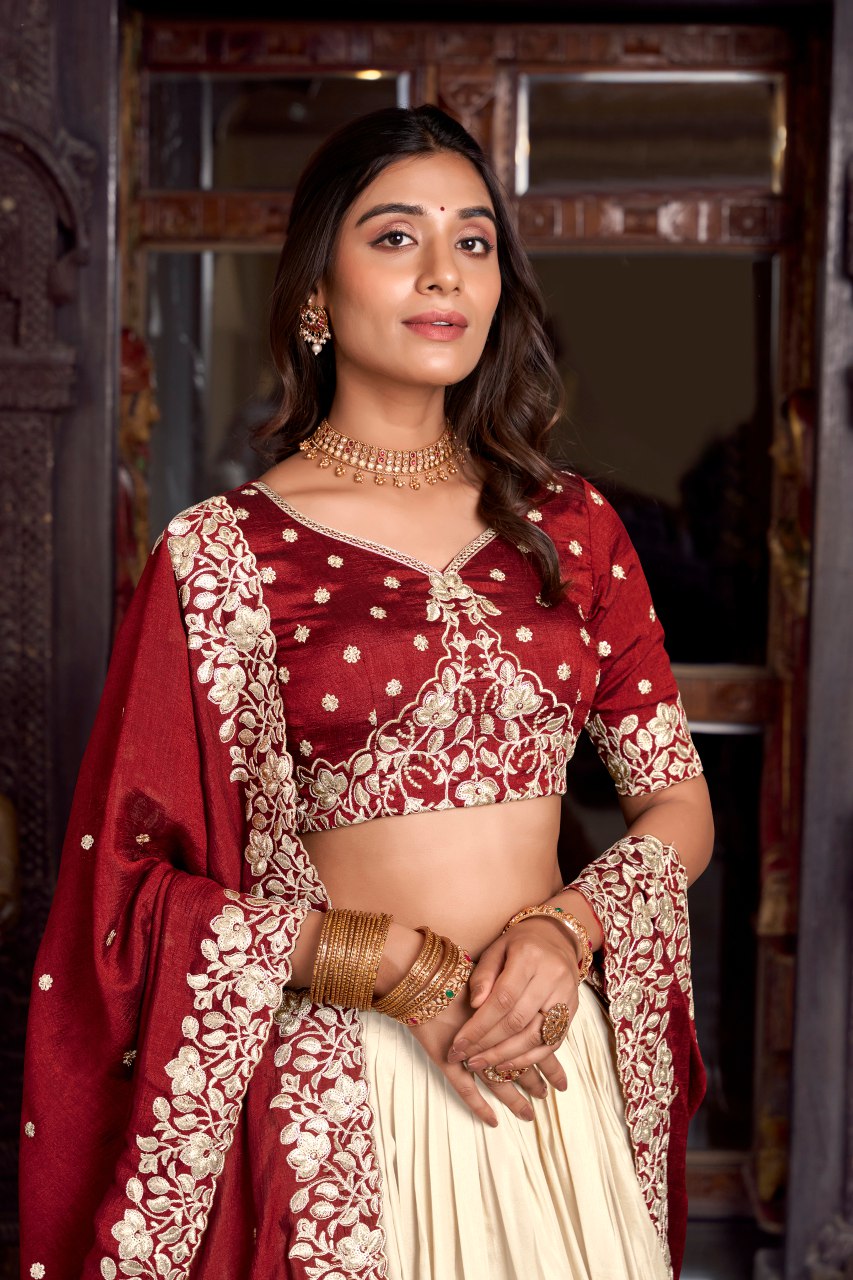 Maroon tussar silk foil print lehenga choli with embroidered dupatta