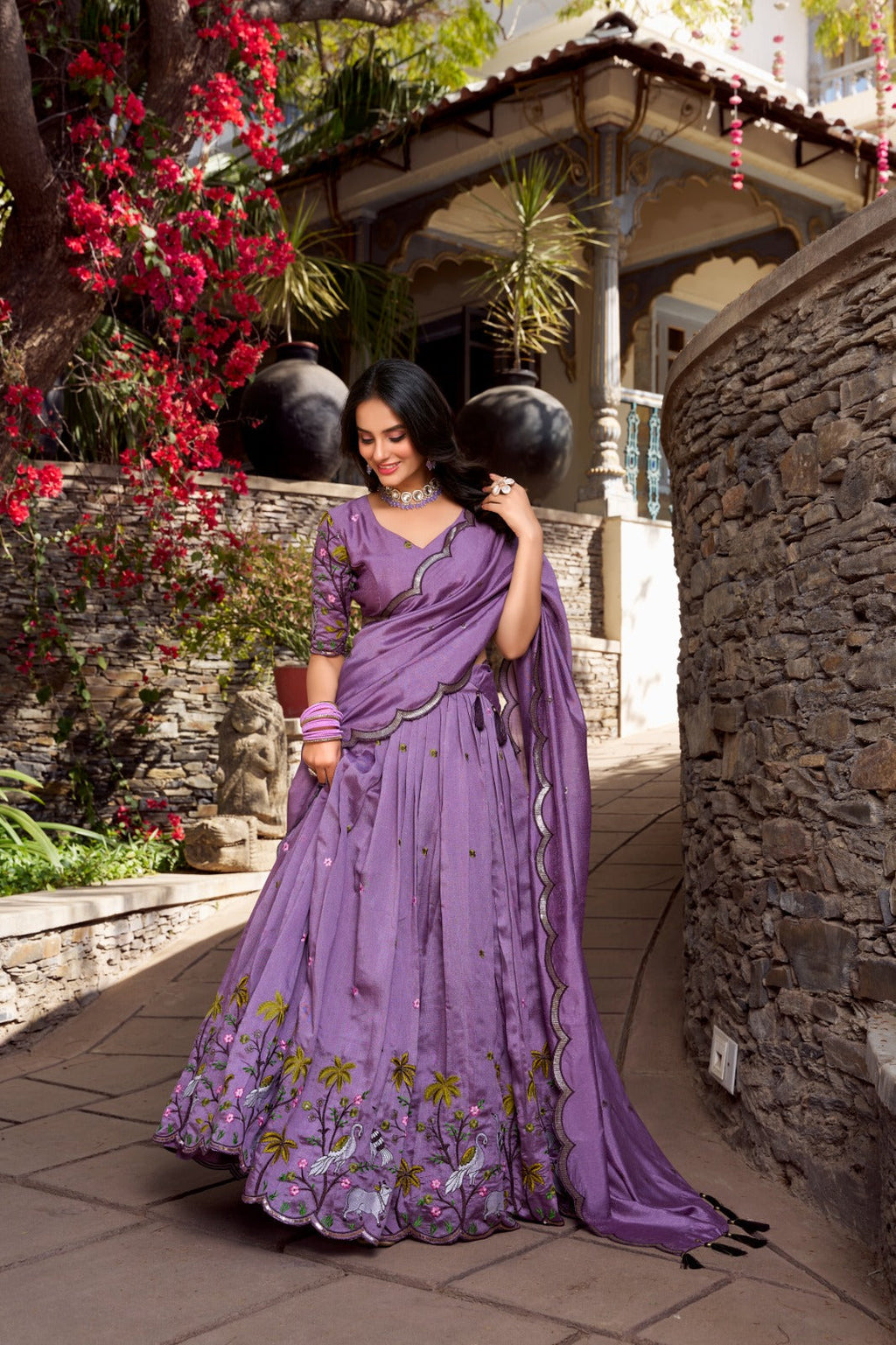 Lavender Vichitra shimmer sequins thread embroidery work lehenga choli