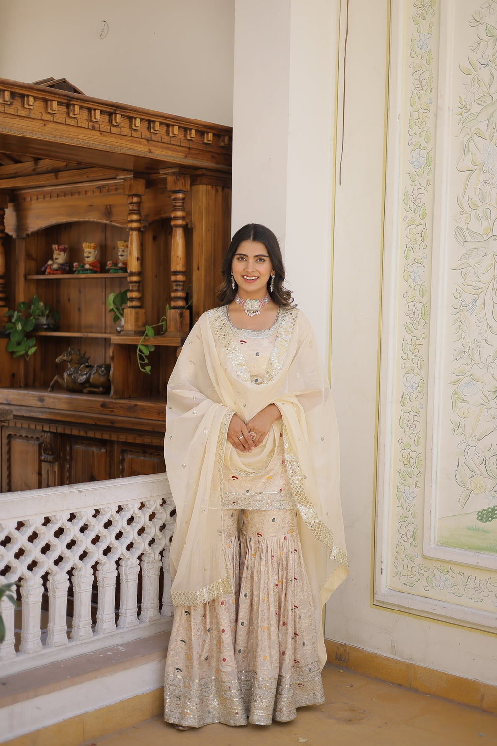Krishnapriya off white viscose embroidered kurti gharara set