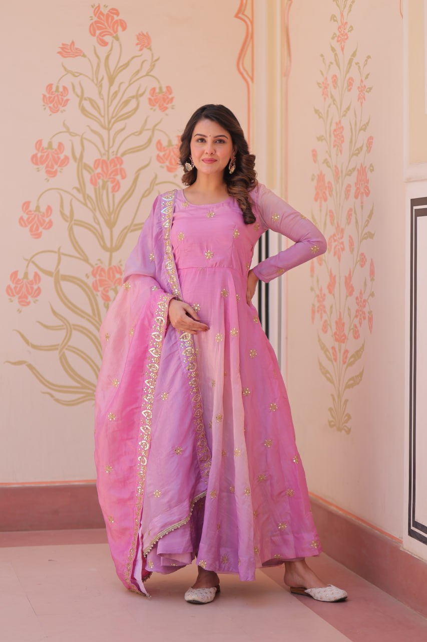 Pink organza flair gown with sequins zari embroidery and dupatta