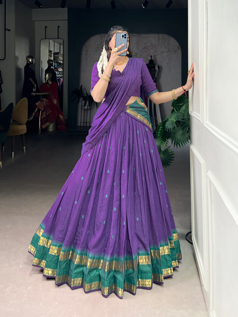 Purple Chanderi zari weaving work half-saree lehenga