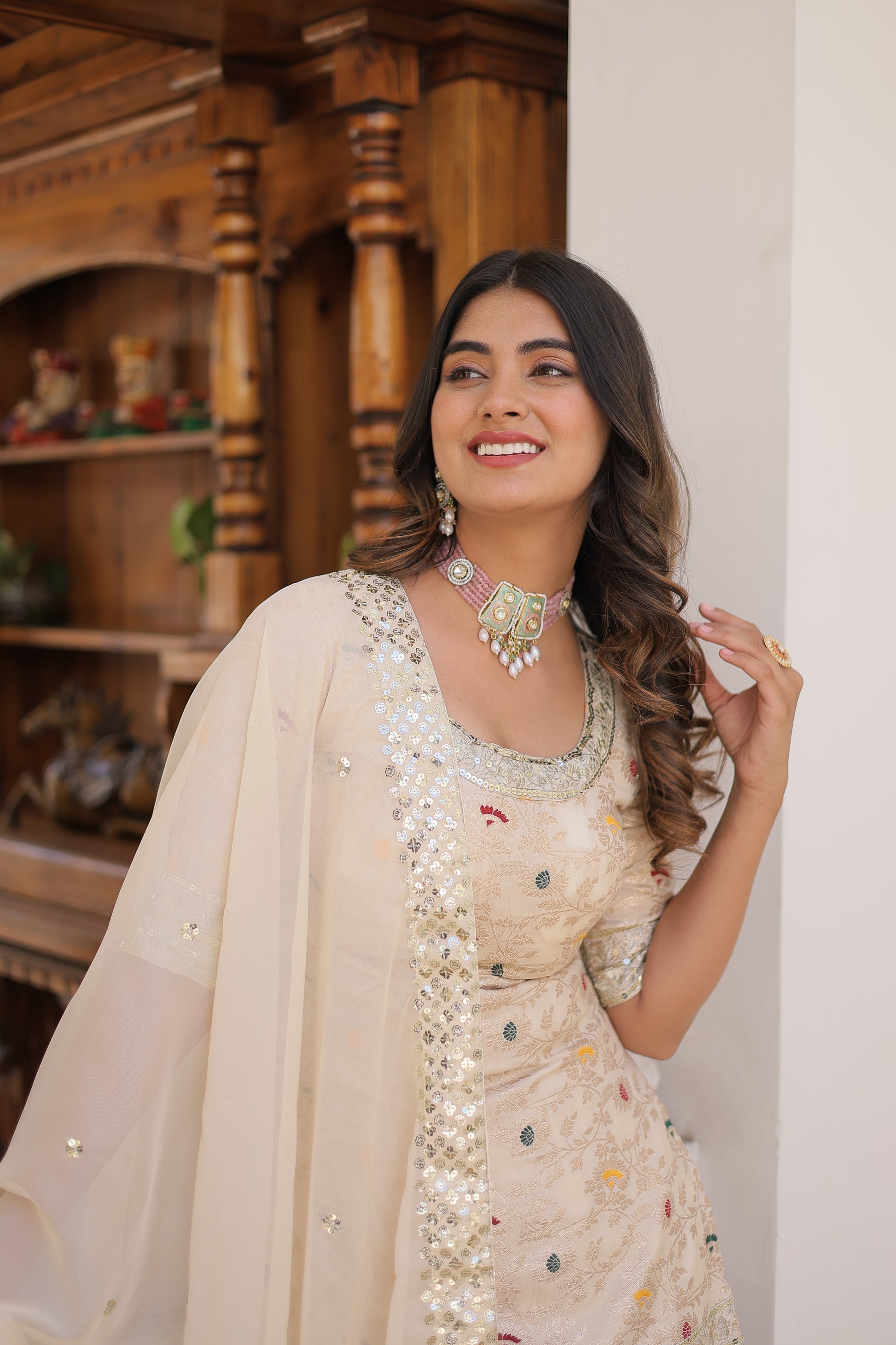 Krishnapriya off white viscose embroidered kurti gharara set